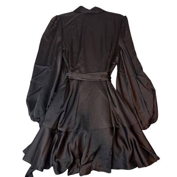 Keepsake Black Linen Balloon Sleeve Wrap Mini Dress M Cocktail Party NWT - Picture 4 of 6